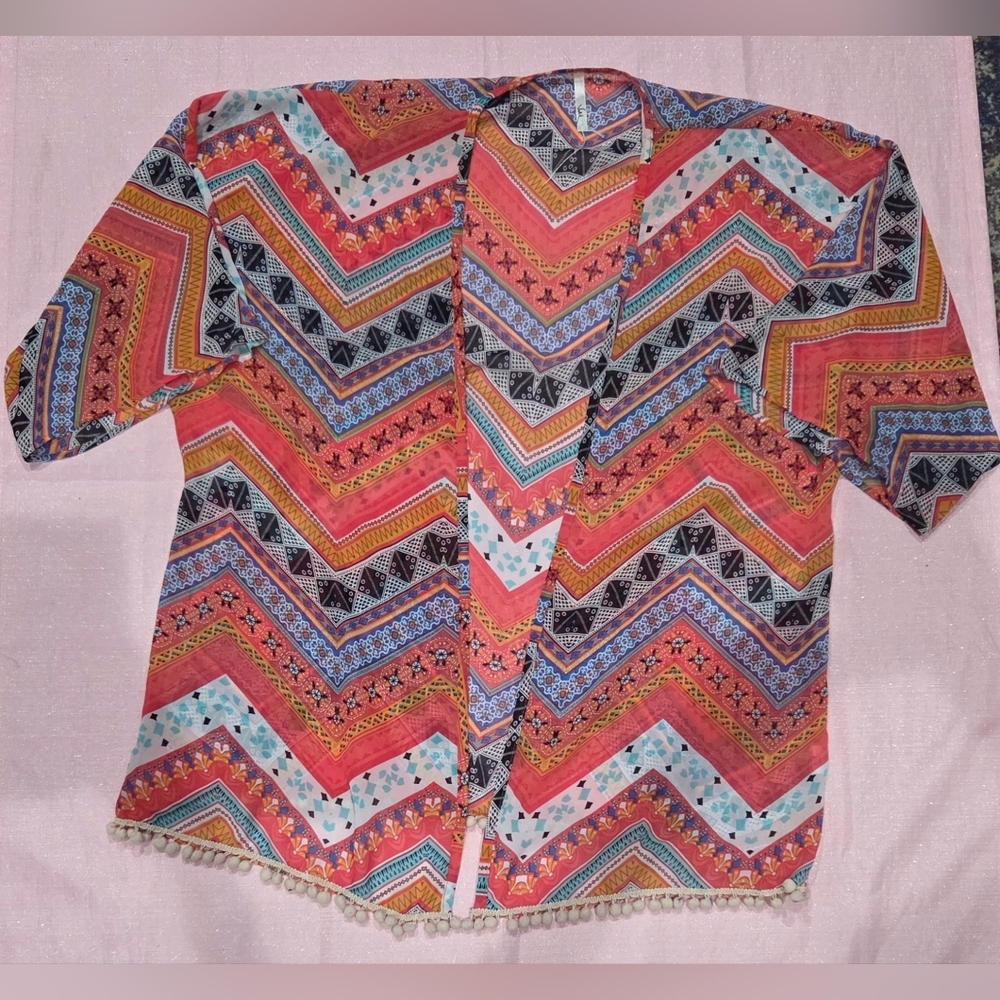 Boho Chevron Print Kimono - Coral Multi